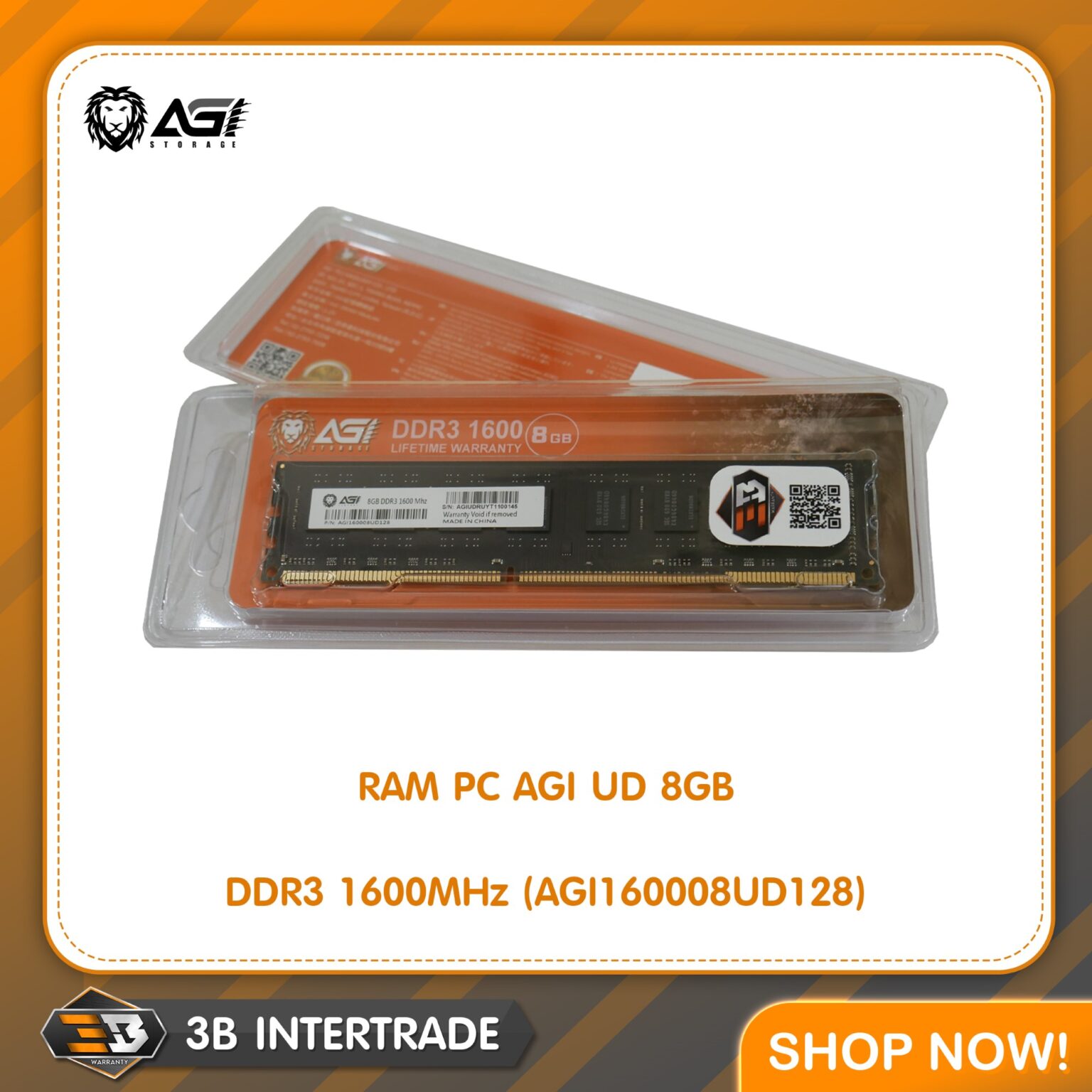 RAM(แรม) PC AGI UD 8GB DDR3 1600MHz (AGI160008UD128)