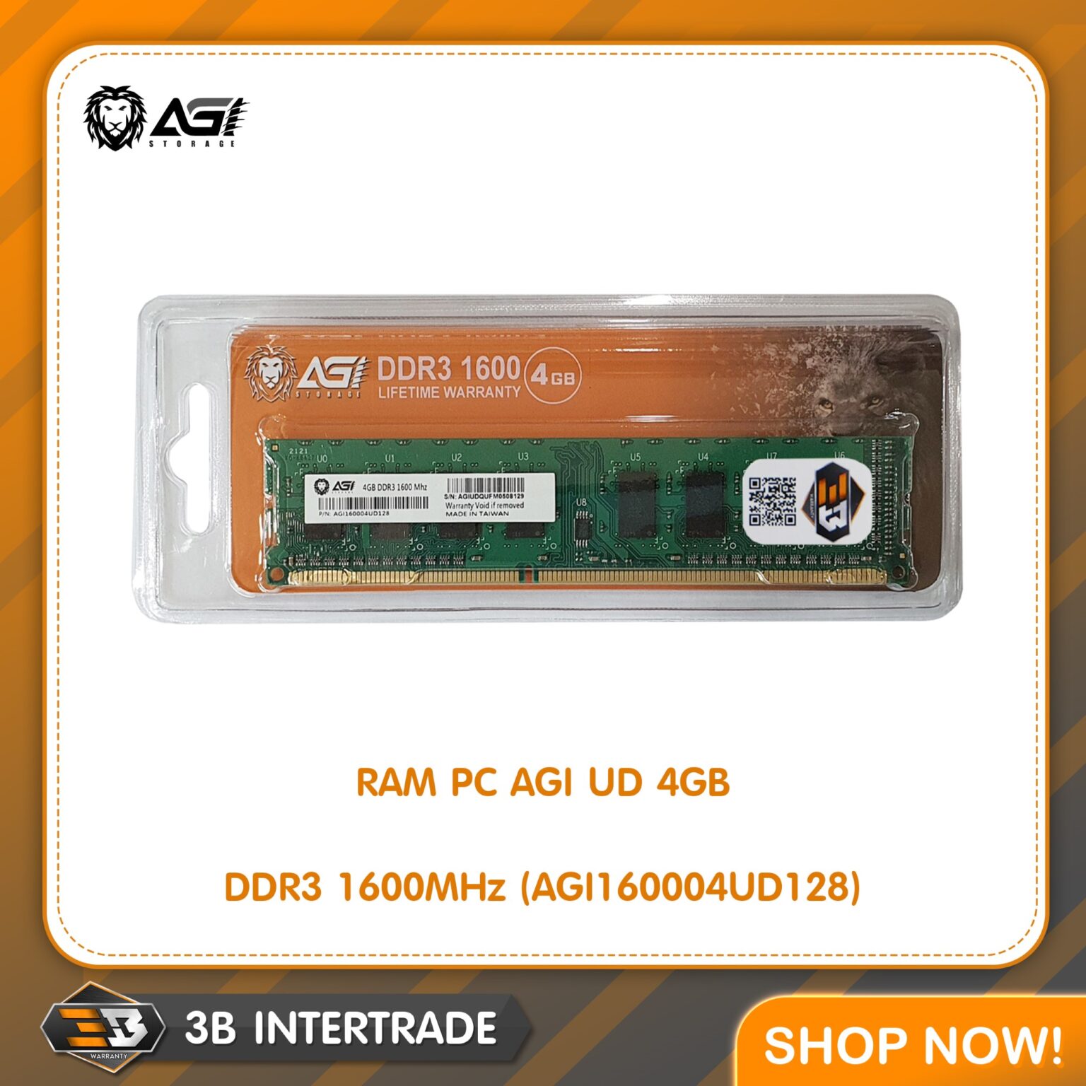 RAM(แรม) PC AGI UD 4GB DDR3 1600MHz (AGI160004UD128)